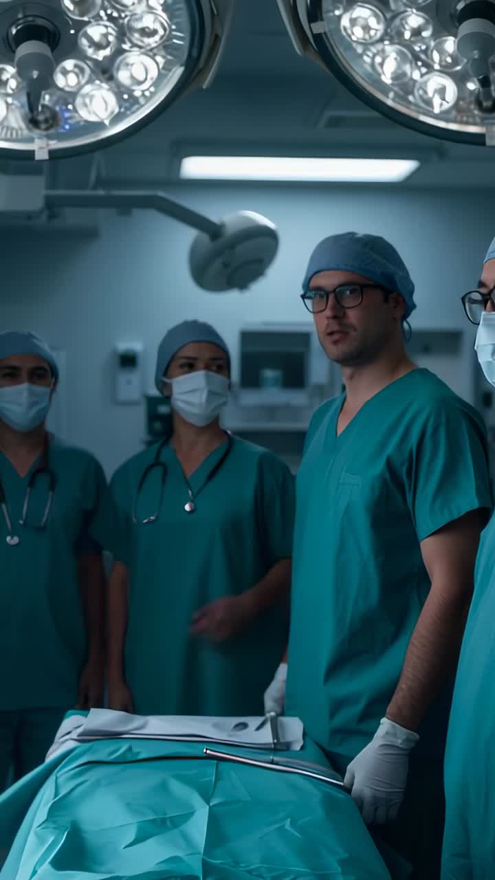 Vídeo vertical: Equipo de urgencias con uniformes quirúrgicos de pie, cirujano mirando la bandeja para la cirugía, enfermera señalando