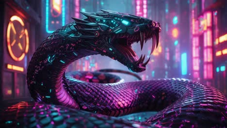 cybernetic snake dragon in a neon city