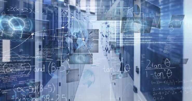 Animation of scopes on screens, mathematical equations and data processing over computer servers