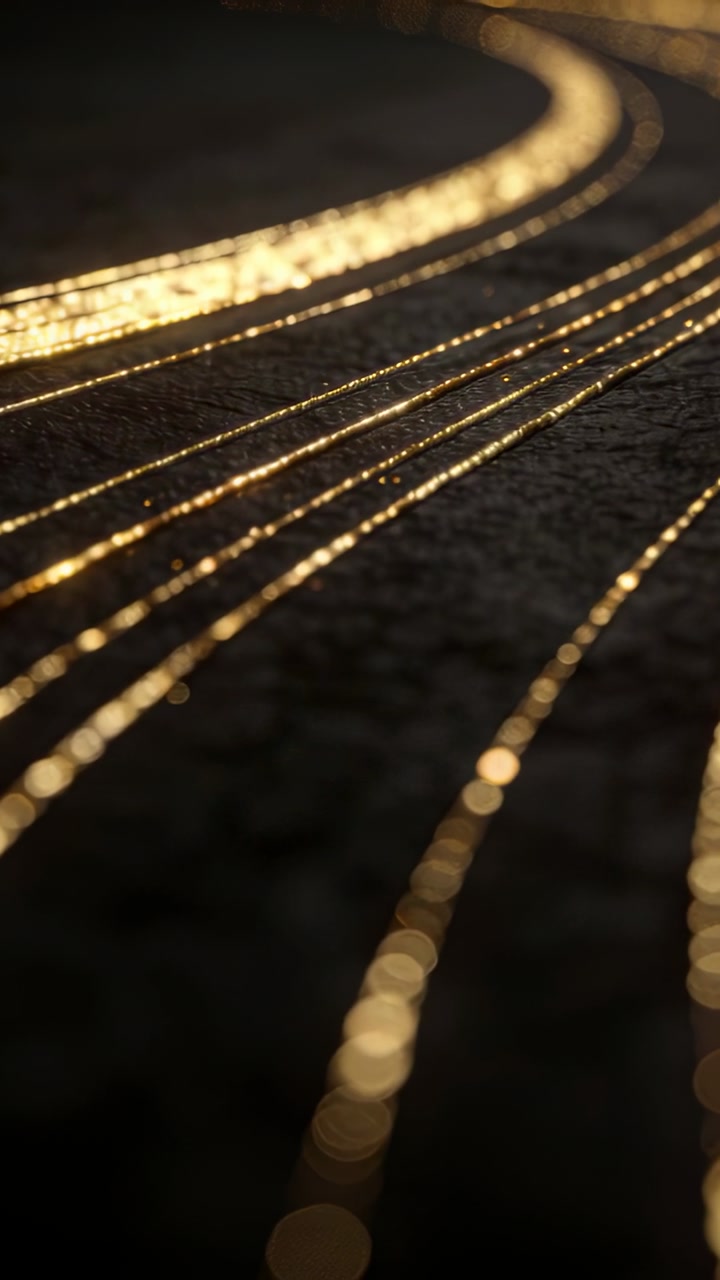 Camera moving forward showing curved golden lines shifting sheen on dark surface, revealing depth