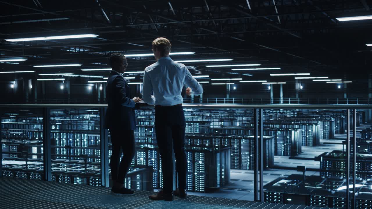 Data Center Male IT Specialist and Female e-Business Enrepreneur Talk, Use Laptop. Two Information Technology Professionals on Bridge Overlooking Cloud Computing Server Farm. Medium Wide Shot