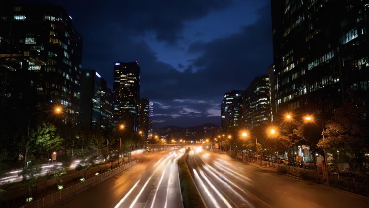 A Stunning Urban Evening Scene Capturing Traffic Flow and Vibrant City Lights Against a Twilight Sky in a Modern Cityscape