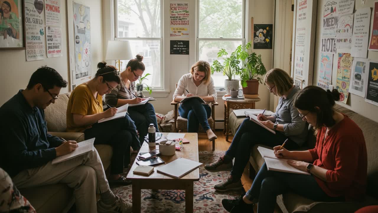 Engaged in Creativity: A Group of Artists Collaboratively Sketching and Sharing Ideas in a Cozy, Inspiring Living Room Environment