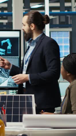 Vertical video Engineering team in photovoltaics plant improving solar cells efficiency