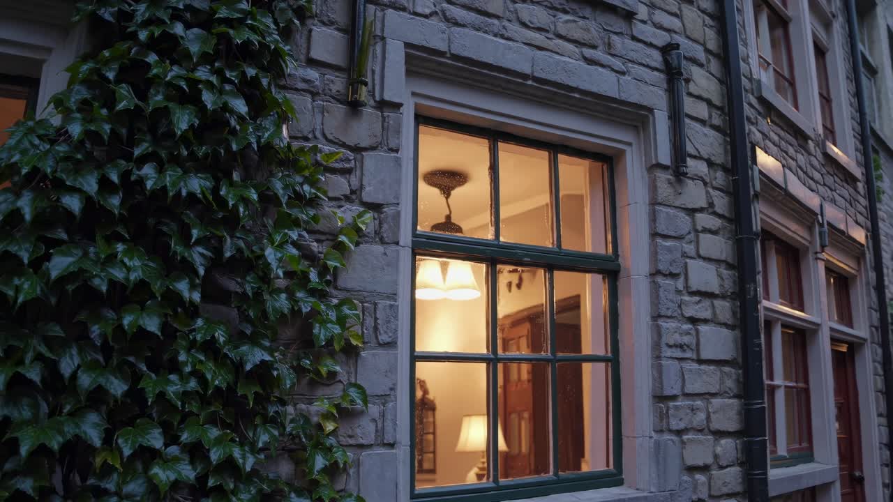 Ivy-covered stone wall frames a warm, inviting interior glow from the window, showcasing a cozy atmosphere in a charming urban setting