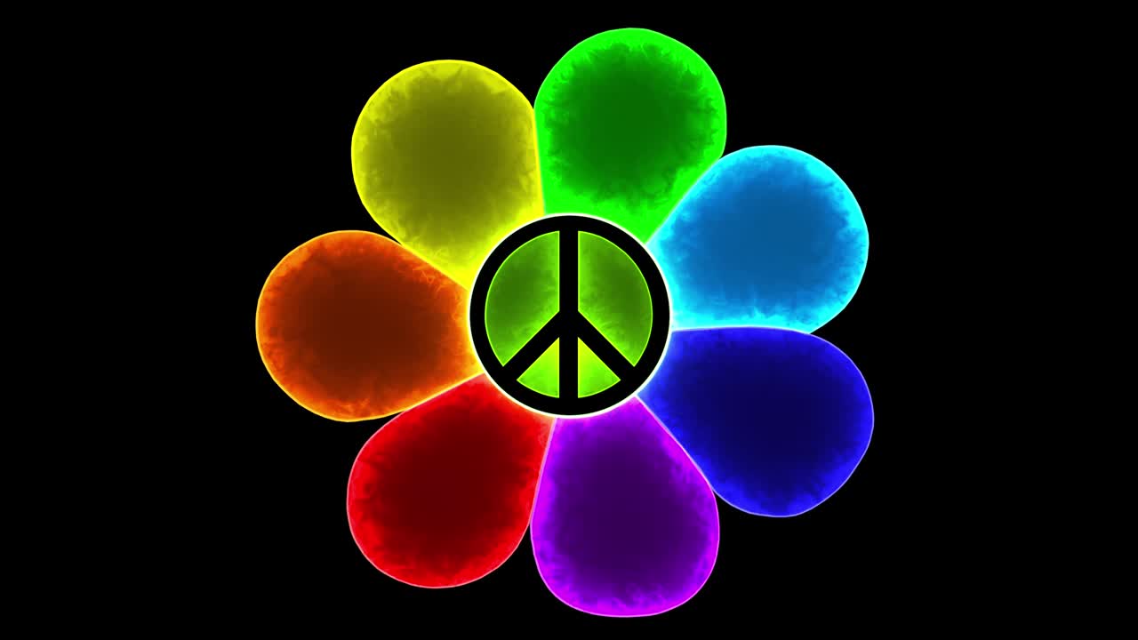 Animation of a flower with seven petals with the colors of the peace flag.peace symbol in the center of the flower.stop war.