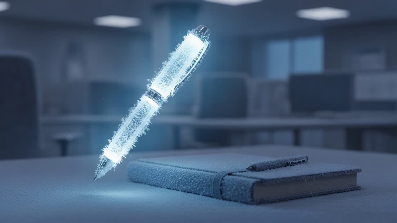 A Glowing Pen Hovers Mysteriously Above a Notepad in an Office Setting, Signifying Inspiration and Creativity in a Modern Workspace