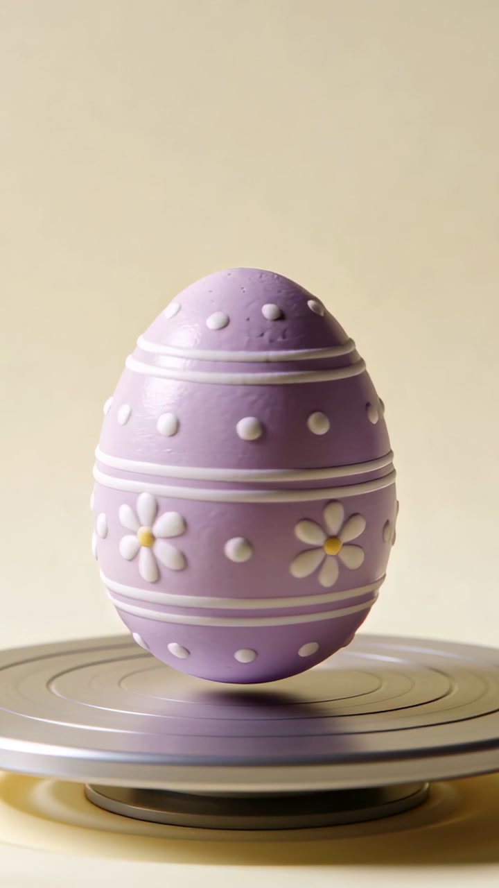 Vertical video: Turntable spinning, purple egg rotating on tabletop, showing daisy motifs for shot