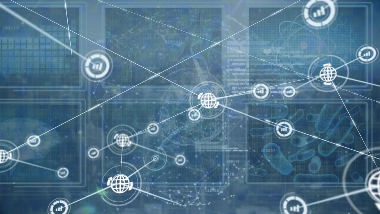Animation of globe network icons connecting with lines against science data