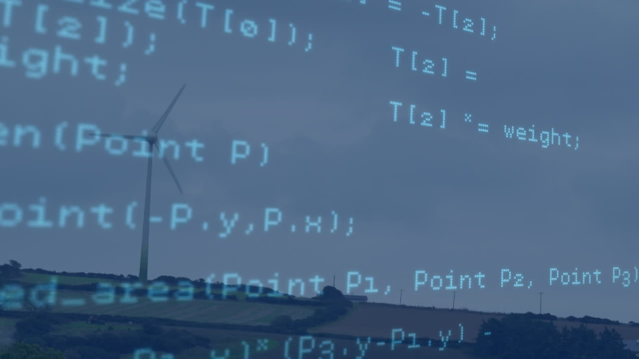 animación del procesamiento de datos sobre la turbina eólica y el cielo con nubes