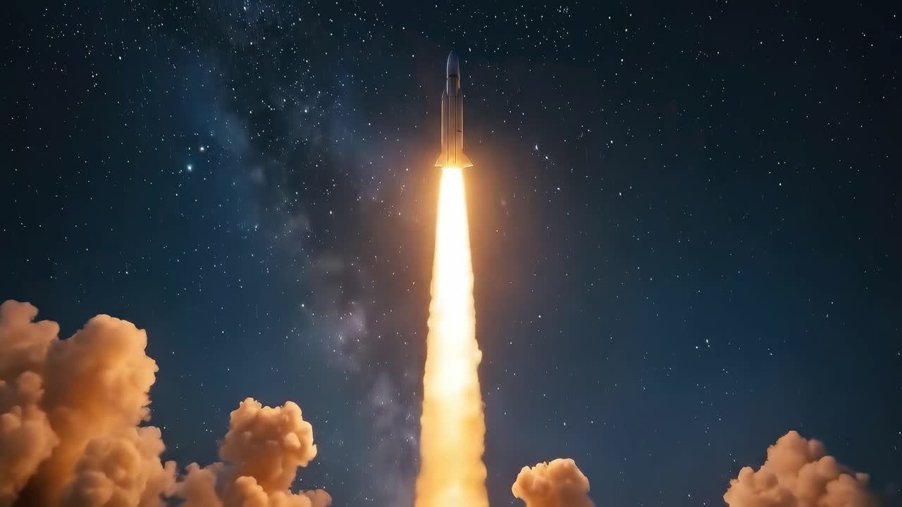 A rocket launches into a starry sky, captured from a low angle. Perfect for a video intro. Live
