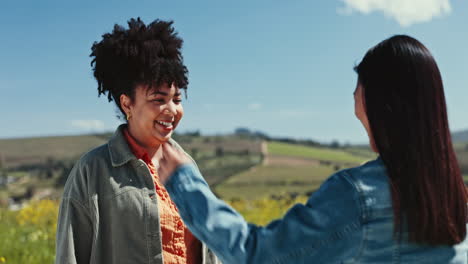 lesbian couple, smile and women hug at field