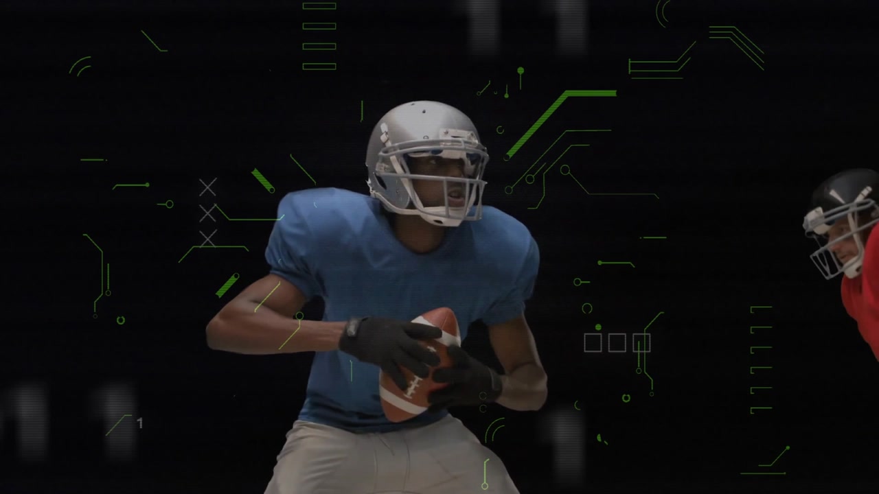 Two football players competing in technology studio, showing floating binary code graphics