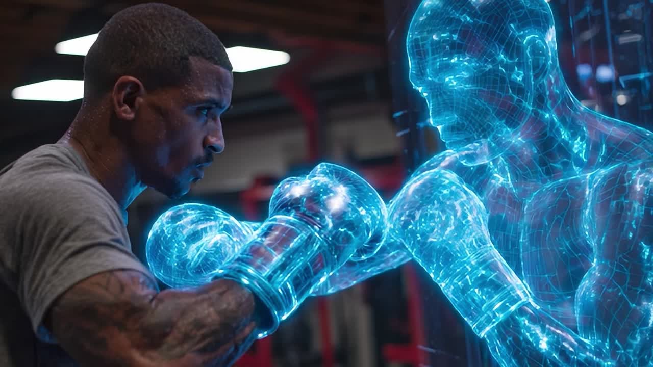 Sessione di addestramento virtuale con modello olografico di boxe in palestra