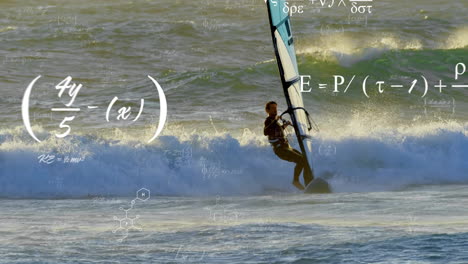 windsurfing in ocean waves with scientific formulas and molecular structures animated