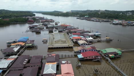 aerial drone shot of stilted homes in the floating villages of kampong ayer in bandar seri bagawan in brunei darussalam