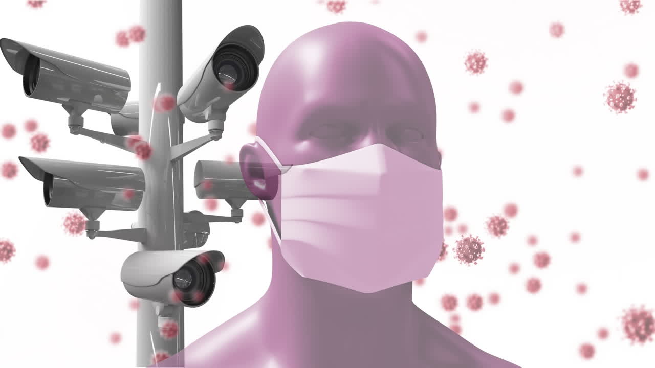 코로나바이러스 세포가 카메라를 통해 확산되고 마스크를 착용한 남자가 지켜보고 있습니다.