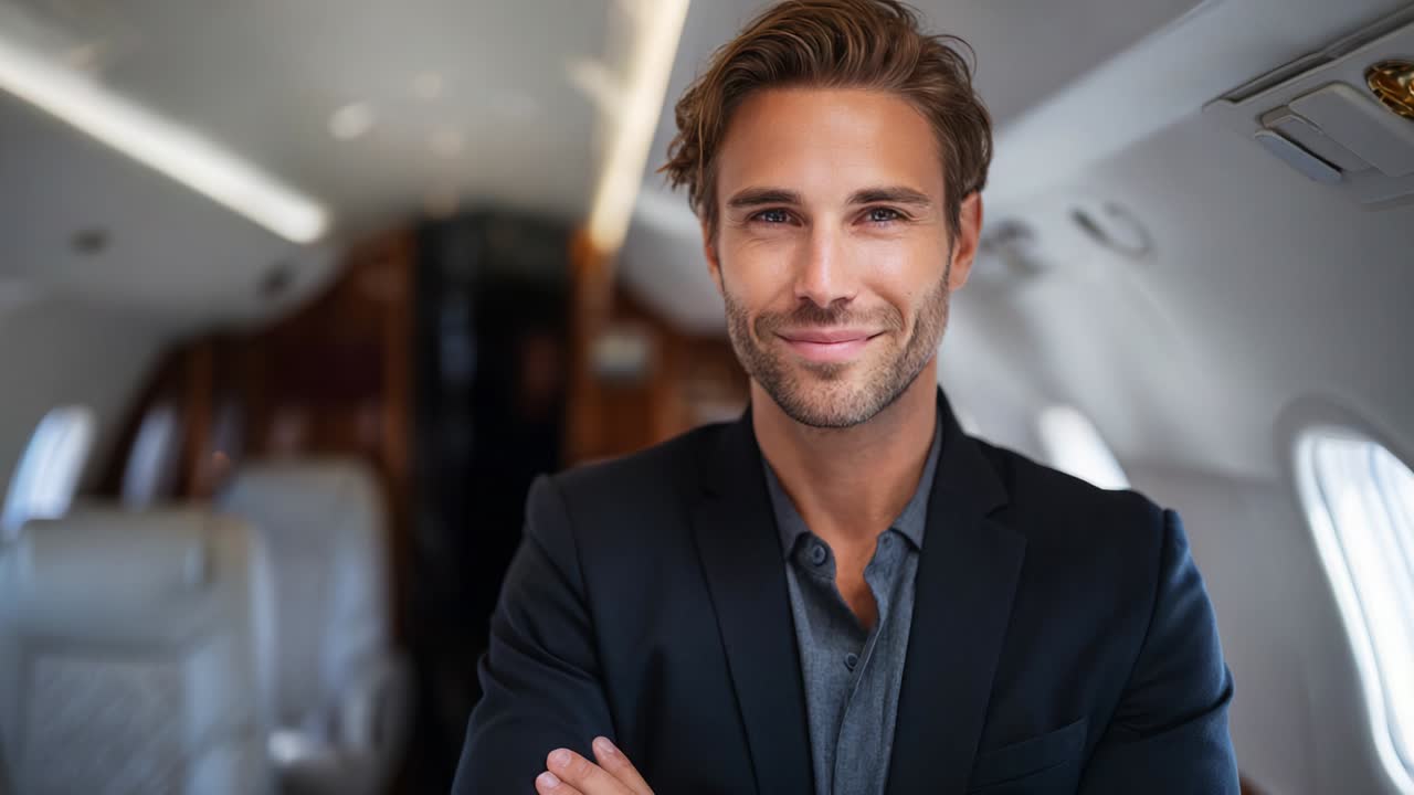 Confident man dressed in a sharp black suit and smiling warmly, standing inside a luxurious private jet cabin, embodying elegance, success, and sophistication amidst a backdrop of plush seating and modern decor