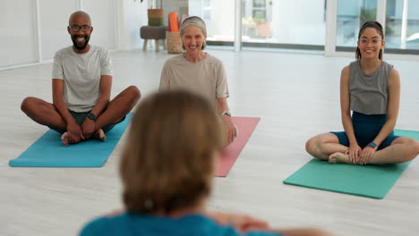 people, group and yoga on mat with instructor