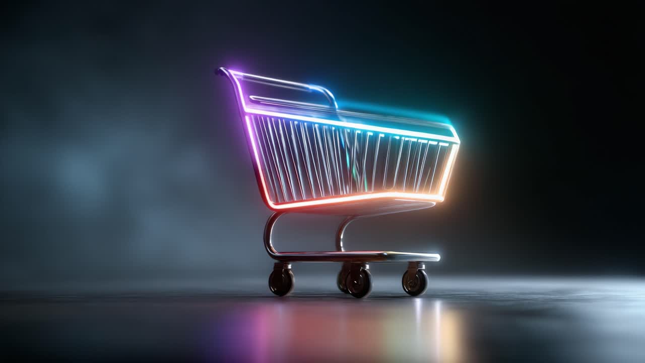 A Futuristic Shopping Cart Glowing with Neon Lights in a Dimly Lit Environment, Capturing the Essence of Modern Retail and Consumerism