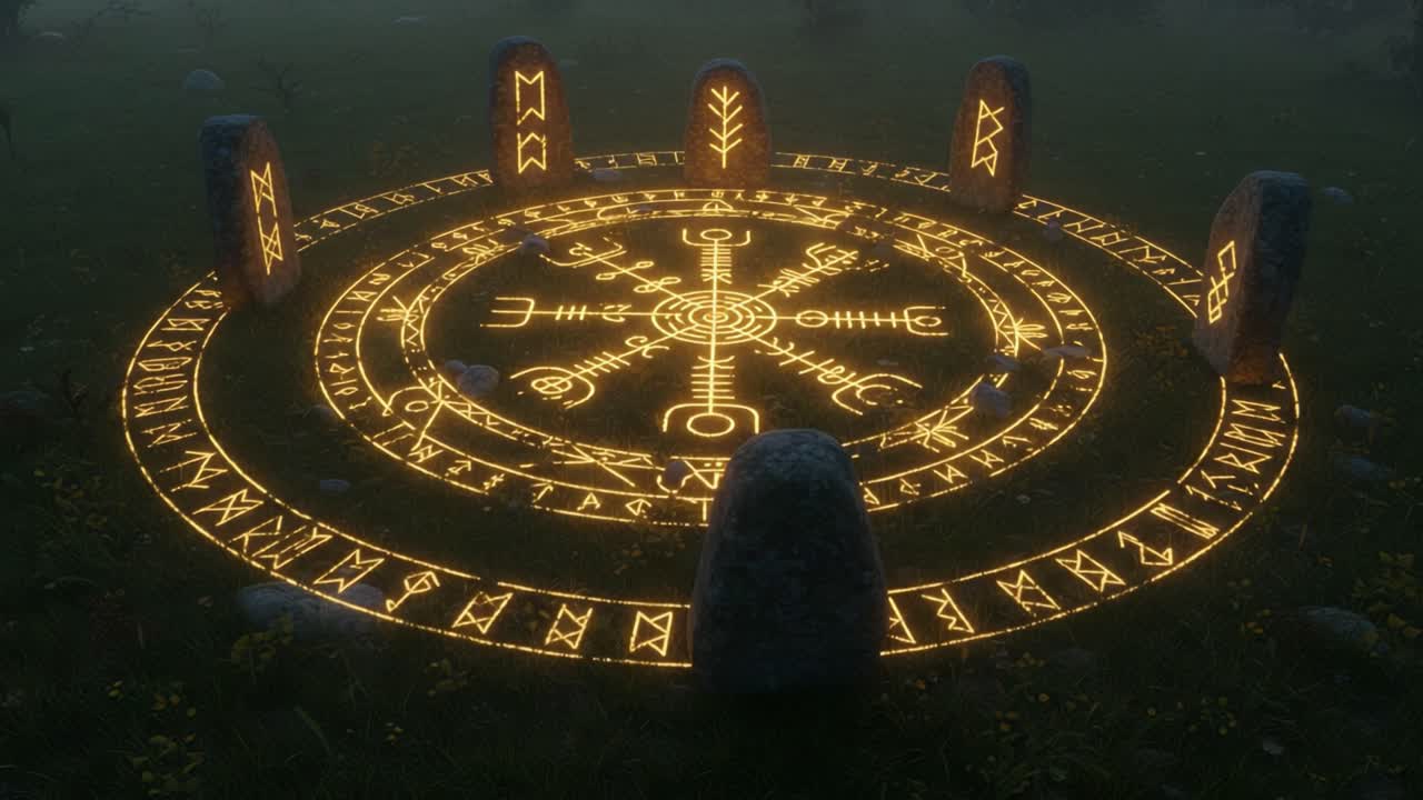 Mystical Circle of Ancient Runes: A Captivating Visual Exploration of a Glowing Rune Circle Surrounded by Stone Pillars in a Foggy Landscape