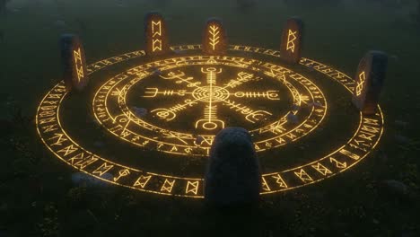 mystical circle of ancient runes: a captivating visual exploration of a glowing rune circle surrounded by stone pillars in a foggy landscape