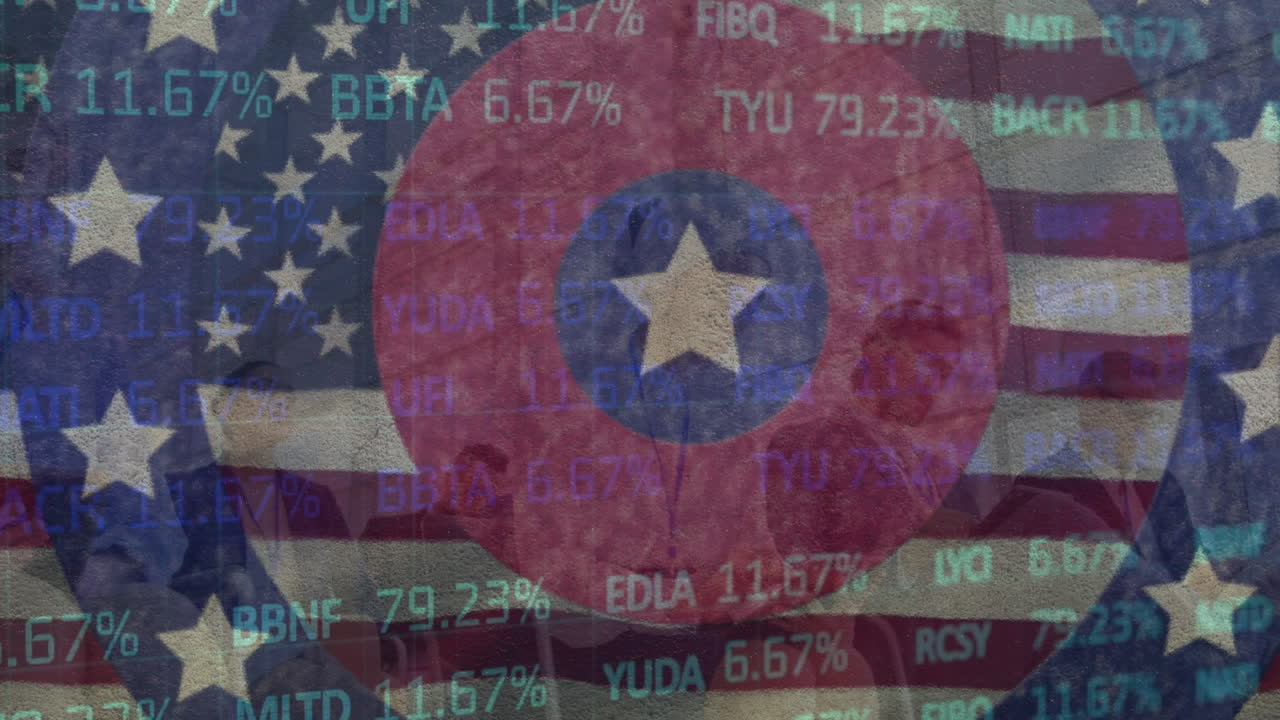 animación de círculos con estrellas sobre la bandera estadounidense y procesamiento de datos