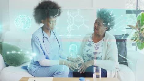 nurse holding patient's hands with stethoscope in living room, displaying medical holograms