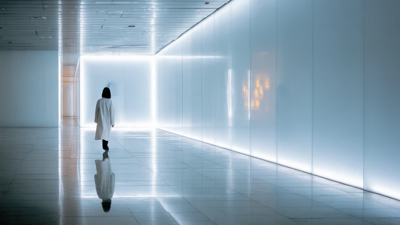 A solitary figure in a white coat stands in a modern, minimalist hallway, illuminated by stark fluorescent lights, creating a contrast between darkness and a linear bright glow
