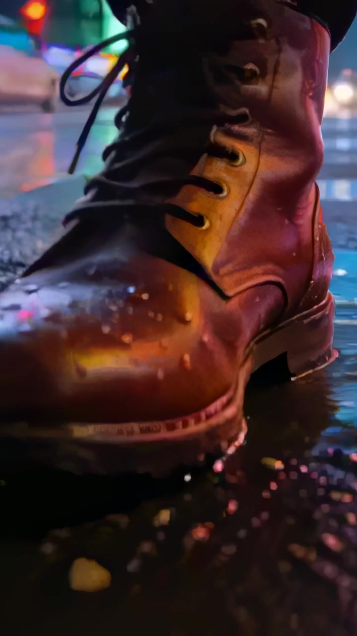 Video vertikal: Melangkah maju, sepatu bot tempur tenggelam ke genangan air di jalan malam, menyebarkan cahaya neon