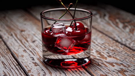 a glass of cherry drink with ice and fresh cherries on a wooden table