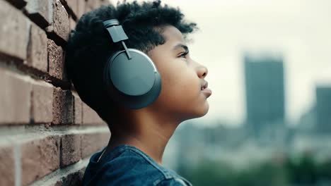 young black man listening to music in urban setting