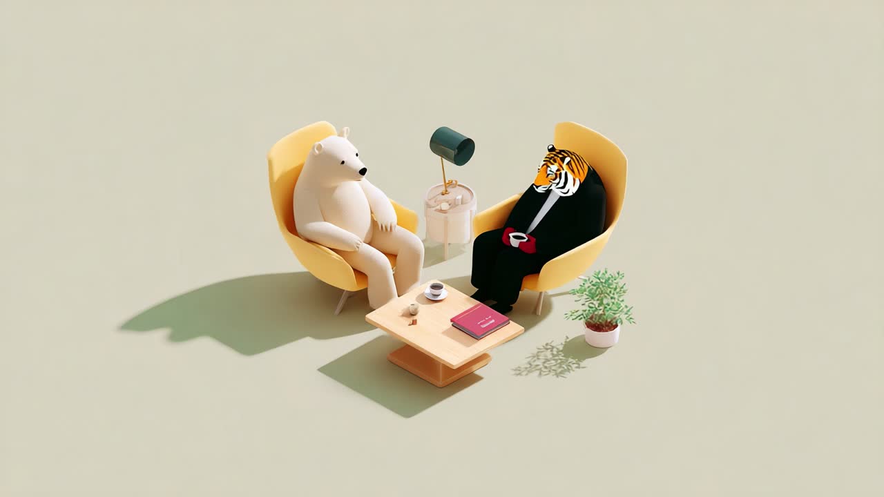 An imaginative and whimsical scene featuring a polar bear and a tiger in formal attire, engaging in a playful conversation while seated in modern armchairs in a cozy atmosphere