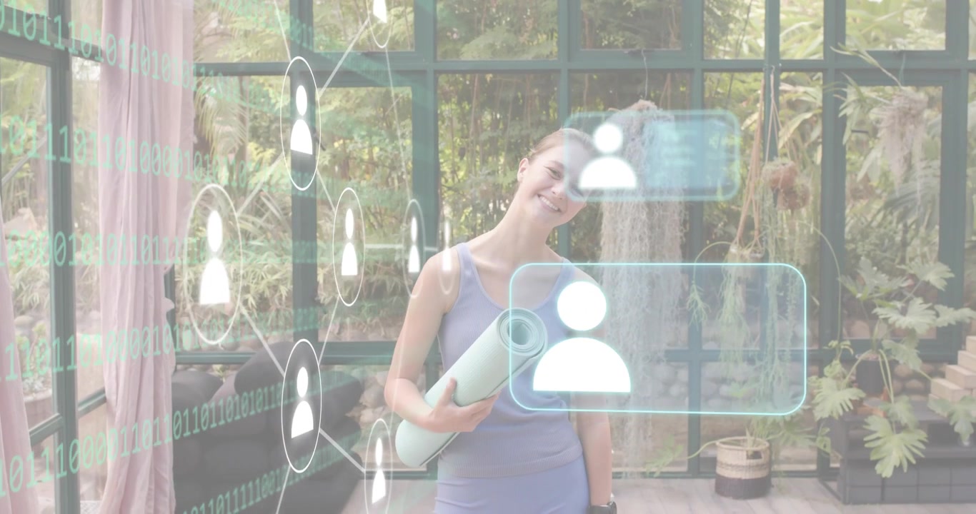 woman holding yoga mat and initiating holographic network overlay boosting wellness in glasshouse