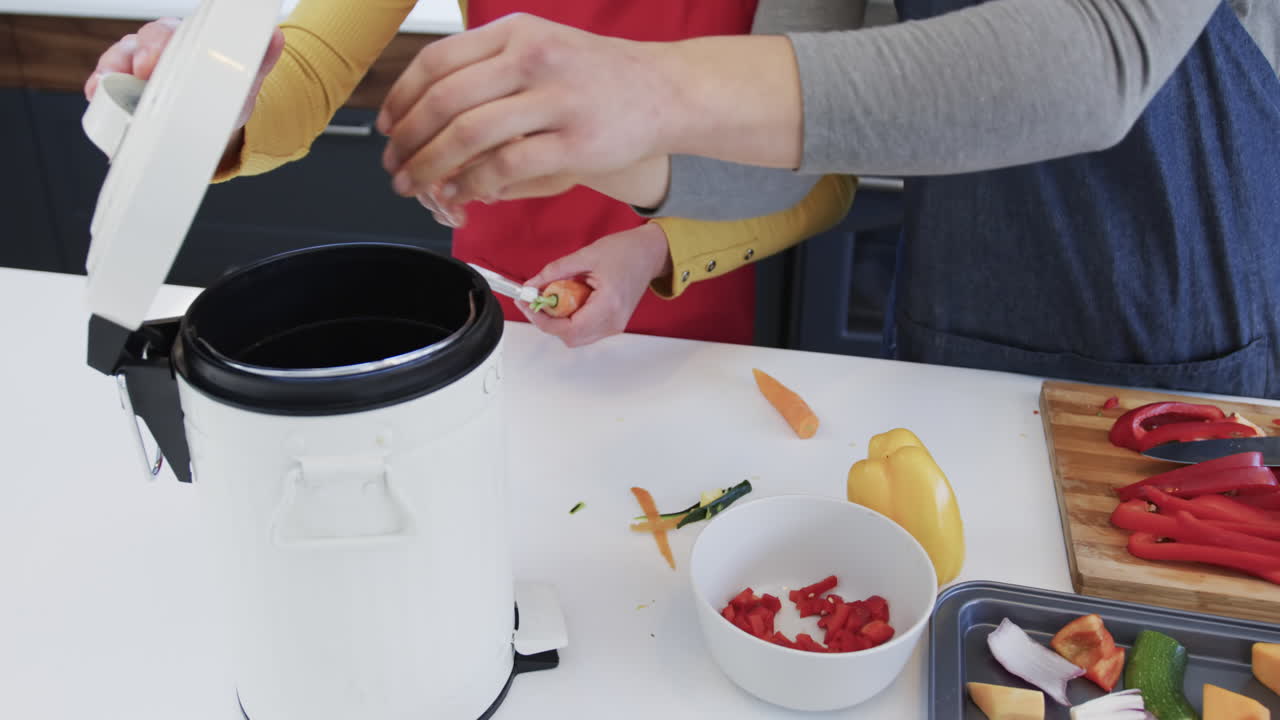una feliz pareja de lesbianas caucásicas preparando comida en una cocina soleada
