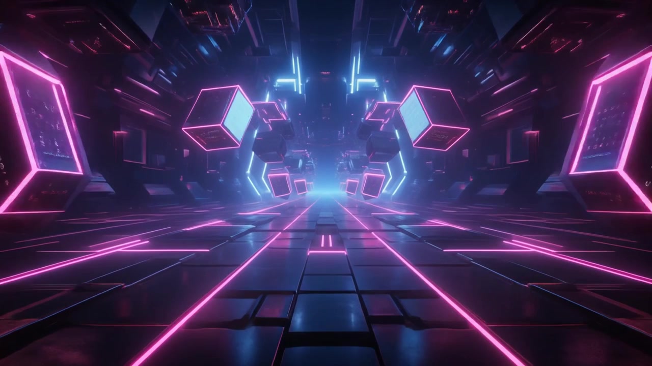 Futuristic Digital Tunnel with Floating Glowing Cubes and Neon Lights