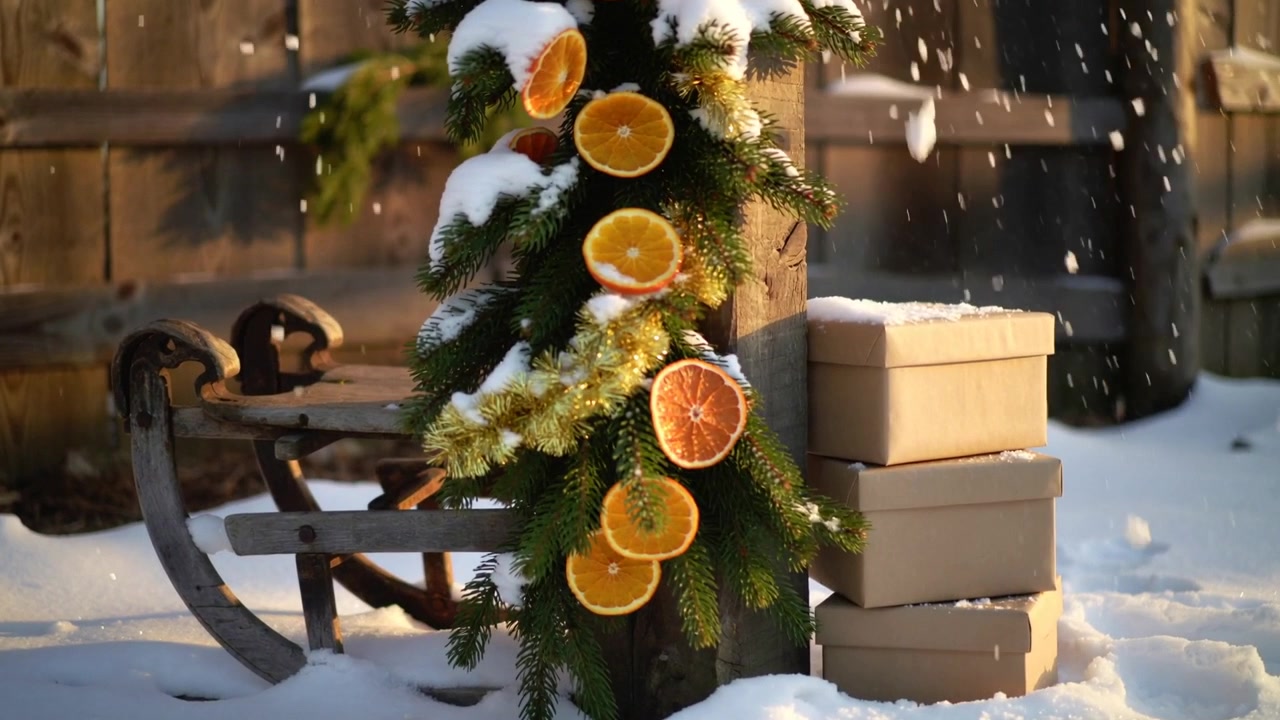 Una nevicata iniziale ricopre una ghirlanda di abete su un palo di legno in giardino, spolverando fette d'arancia, scatole e una slitta.