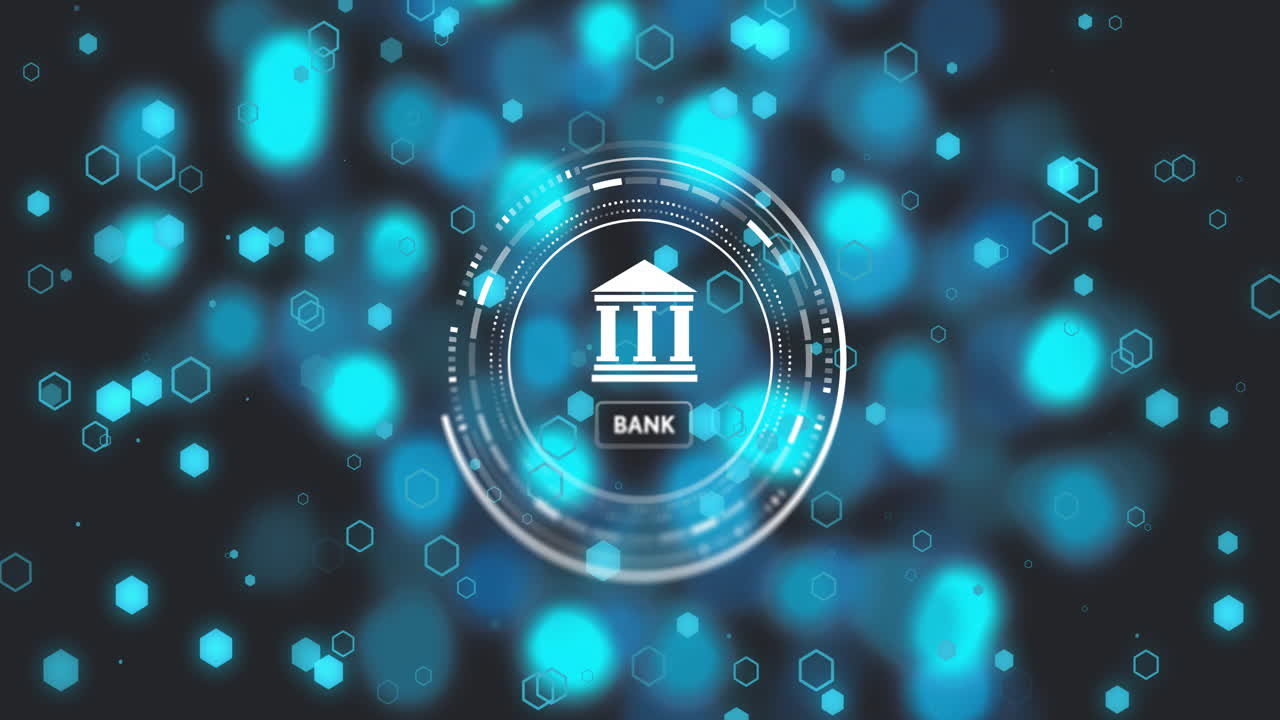 Animation of bank icon with scope scanning over glowing spots of light on black background