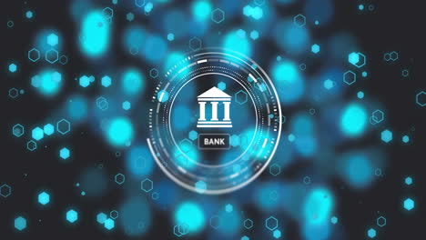 animation of bank icon with scope scanning over glowing spots of light on black background