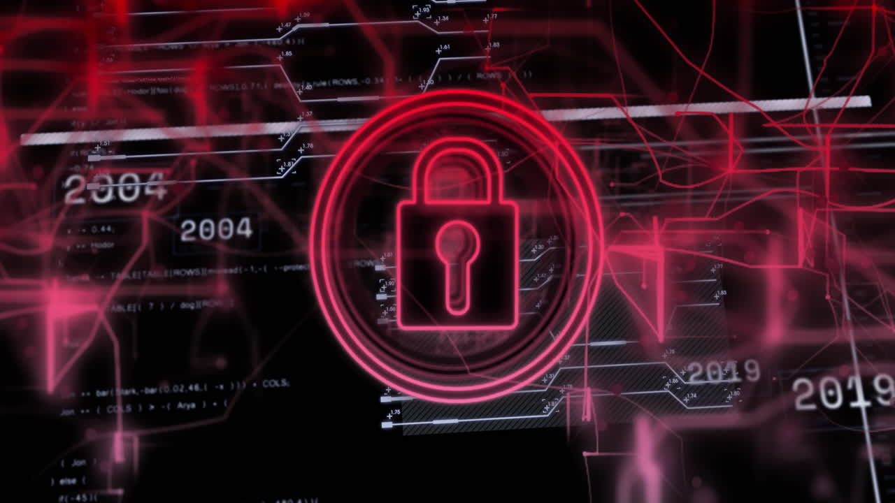 animación del procesamiento de datos y el icono del candado sobre un fondo oscuro