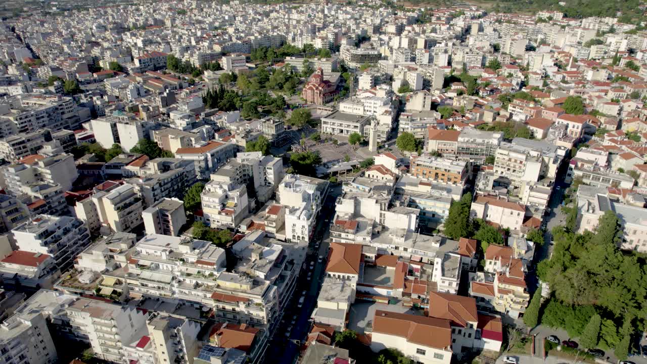 Xanthi City Center Aerial View, Pullback Shot