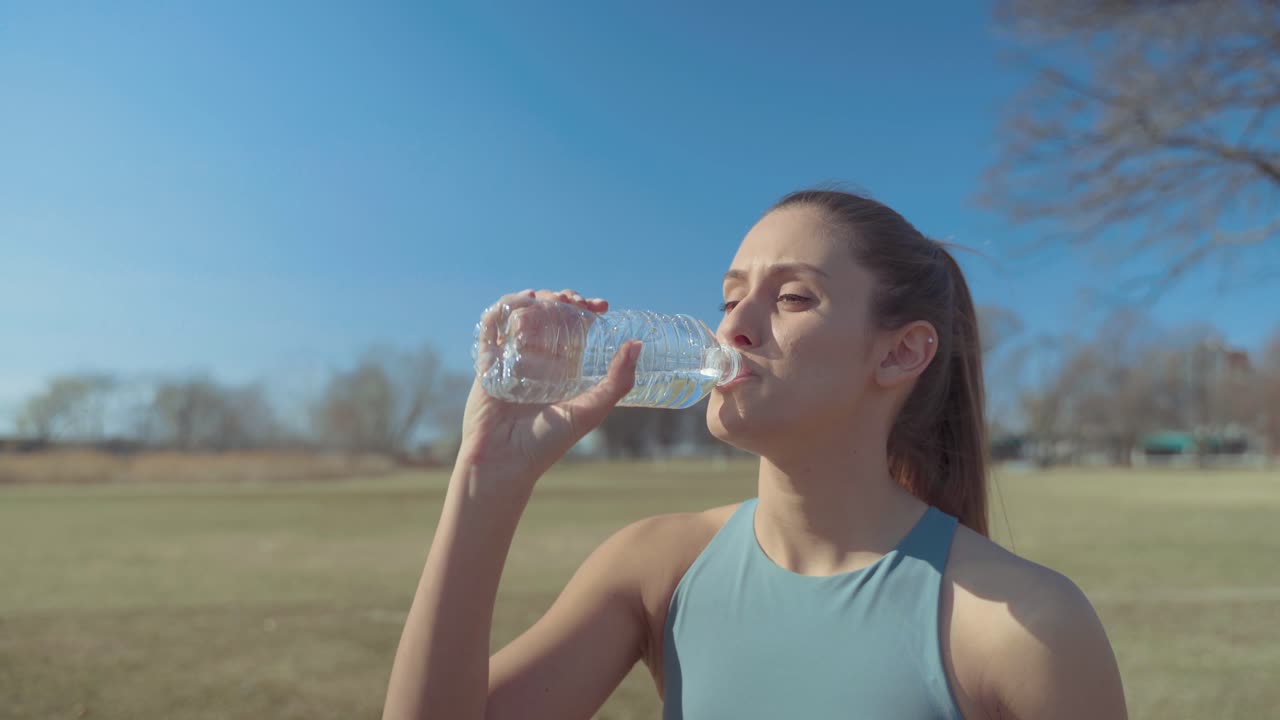 mujer joven en forma bebiendo agua embotellada para hidratarse antes de su entrenamiento al aire libre en un caluroso día soleado de verano