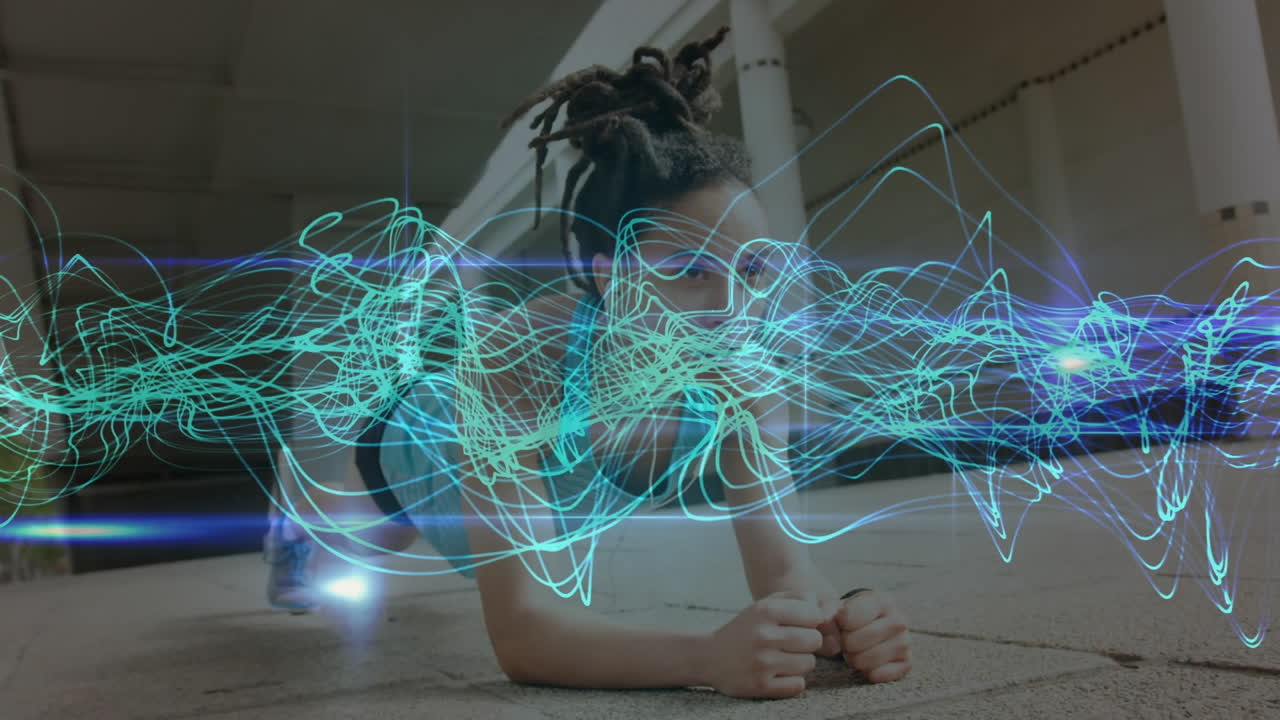 animación de la red de conexiones sobre mujeres que hacen ejercicio al aire libre