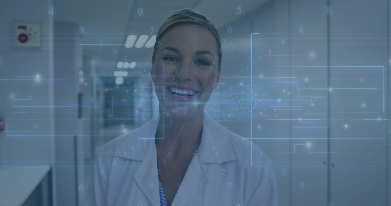 Woman doctor stepping toward camera as blue holo HUD appears around face, demoing AR while smiling
