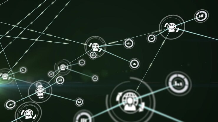 Animation of network of connections with icons over light spots on black background