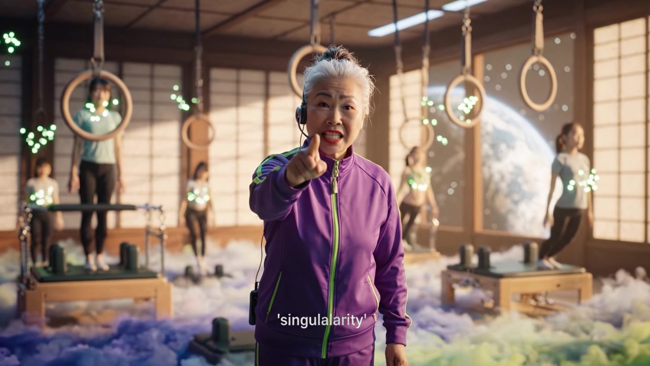 An energetic older woman leads a fitness class in a colorful, cloud-filled studio, showcasing strength and determination while surrounded by supportive participants.