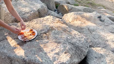 person placing dried squid on rocky surface