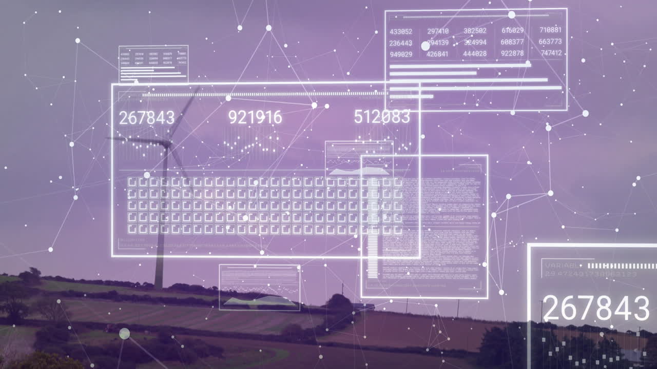 Digital data and network connections animation over wind turbines in rural landscape