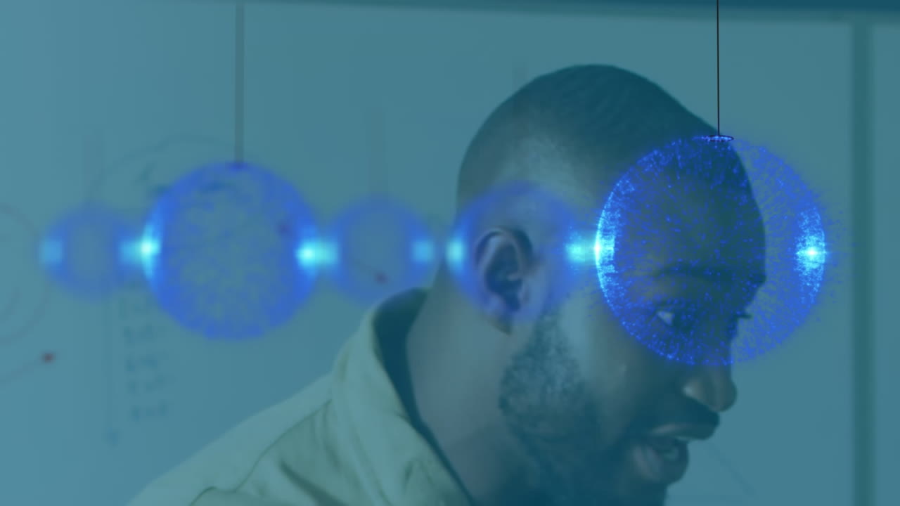 Animation of illuminated hanging circles over african american teacher giving lecture