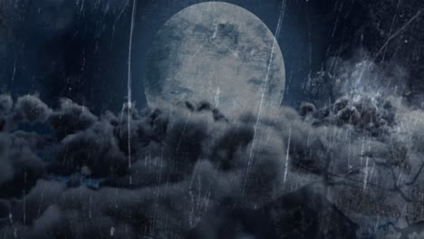 animation of lighting, rain and tree silhouettes over clouds moving across the moon in night sky